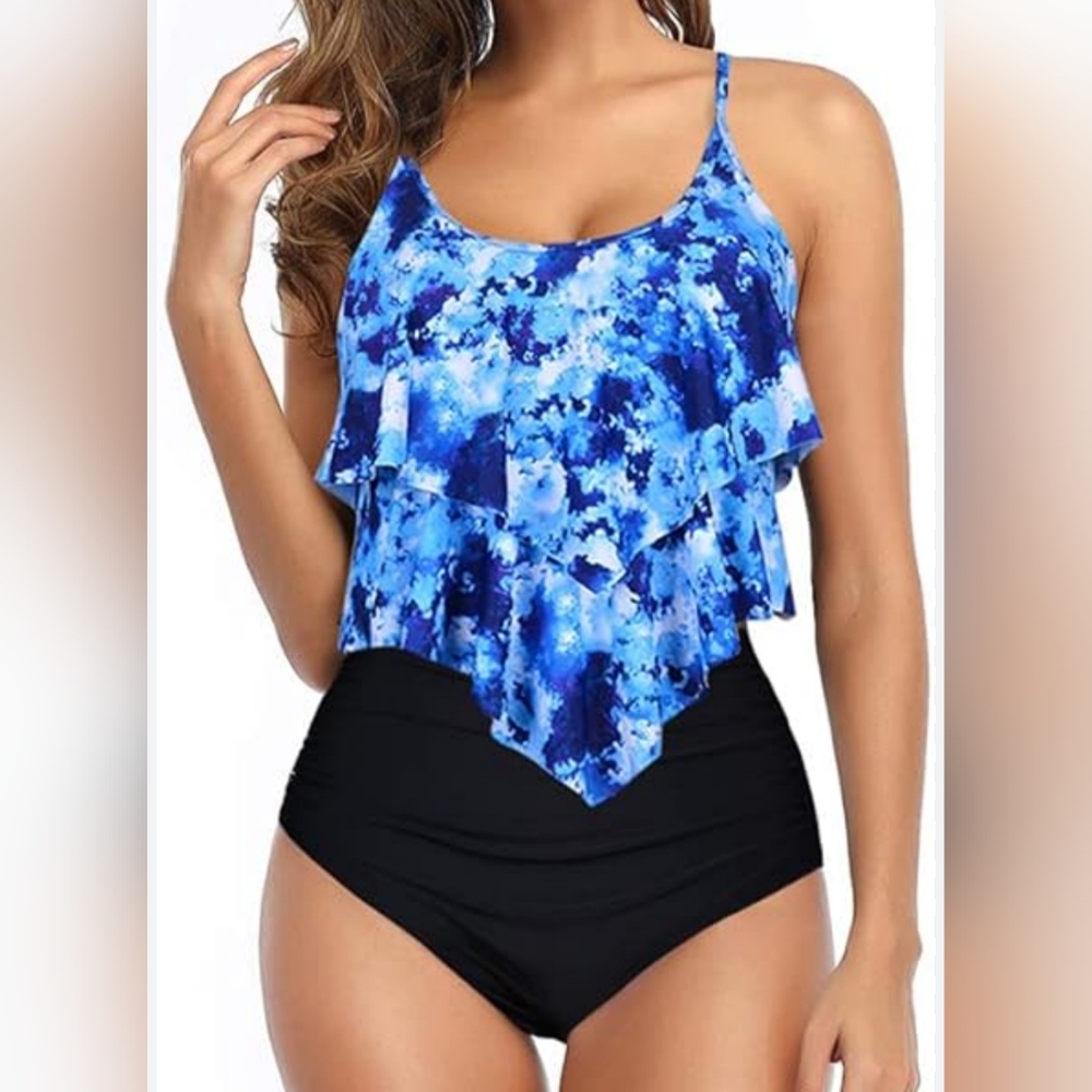 NEW Adisputent Blue Ruffled Tankini Swimsuit